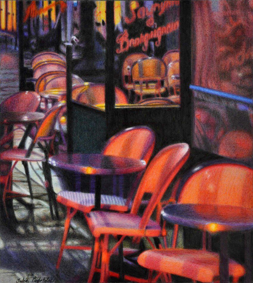 Cafe on the Left Bank - drawing by Julie Podstolski