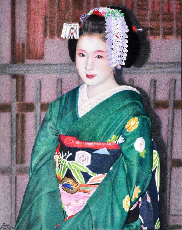Girl in the Emerald Kimono - drawing by Julie Podstolski
