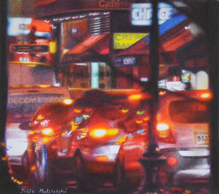 Cars on Clichy - drawing by Julie Podstolski